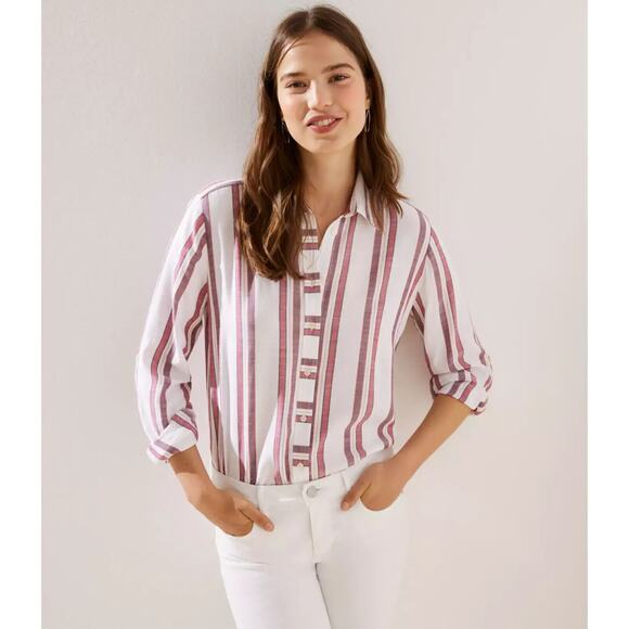 LOFT Striped Button Down Tunic Shirt White Red Casual Womens Small Petite SP - Picture 7 of 7